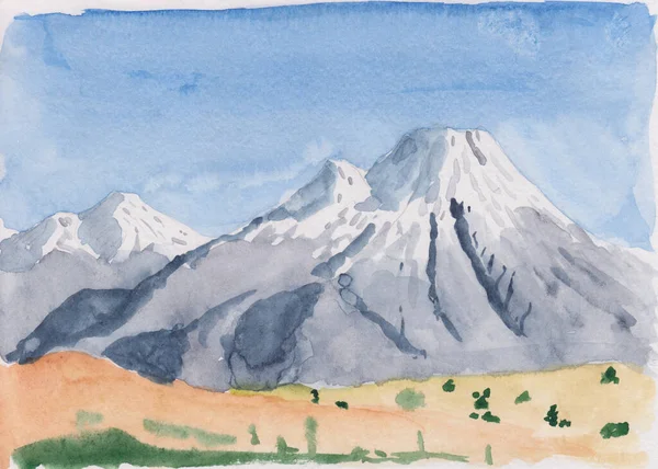 Stock Aquarel Schilderij Van Europese Bergen Met Besneeuwde Pieken Met — Stockfoto