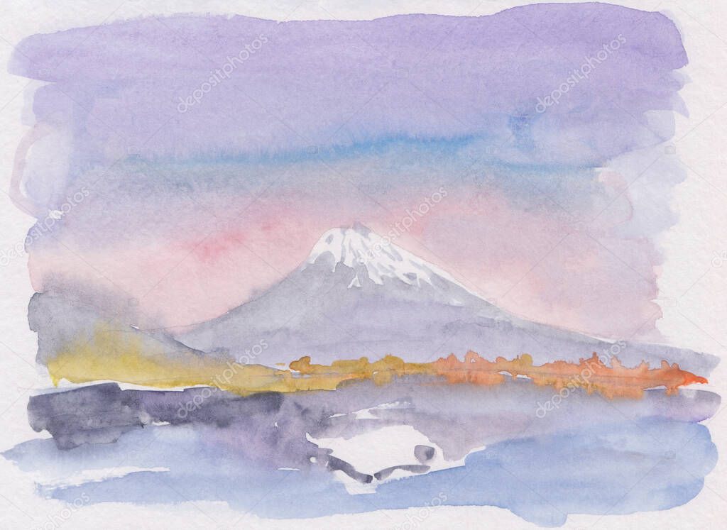 Watercolor Asian scenery with large mountain on the background with lake and mountain reflection. Great for Japan tours promotion, decoration, postcards, relaxation and meditation. Stock mountain pic.