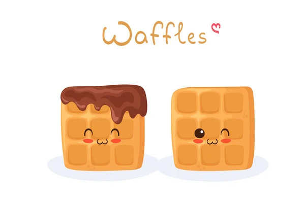 Kawaii Cartoon Waffles Characters Cute Happy Sweet Dessert Mascot Vector — Stock Vector