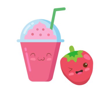 Plastik bardakta bol köpüklü buzlu meyve püresi. Vektör Kawaii beyaz arka planda izole edilmiş şirin çizgi film tarzında illüstrasyon içiyor. Çilekli meyve püresi. Çocuk menüsü tasarımı konsepti.
