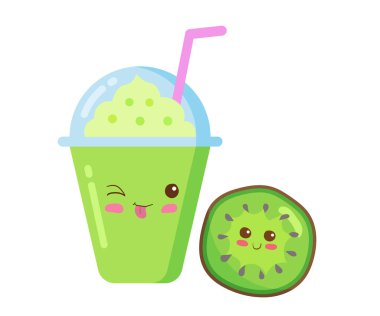 Plastik bardakta bol köpüklü buzlu meyve püresi. Vektör Kawaii beyaz arka planda izole edilmiş şirin çizgi film tarzında illüstrasyon içiyor. Komik gülümseyen Kivi meyve püresi. Yazdırma, menü ve kart için kullan.