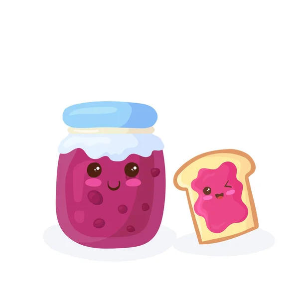 Schattige Kersen Aardbeienjam Gesneden Brood Vector Illustratie Platte Cartoon Stijl — Stockvector