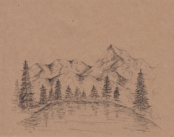 湖や松の木と手描きインクペンスケッチ 紙の上で穏やかなヴィンテージの自然景観コンセプト 穏やかな静かな絵 カード バナー 印刷のための瞑想の森のイラスト — ストック写真