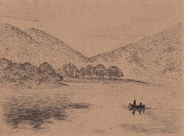 Ink pen sketch painting of asian mountains, river, forest and fisherman boat. Hand drawn oriental style landscape with layers of rocks. Concept for print, relaxation, restore, meditation background.