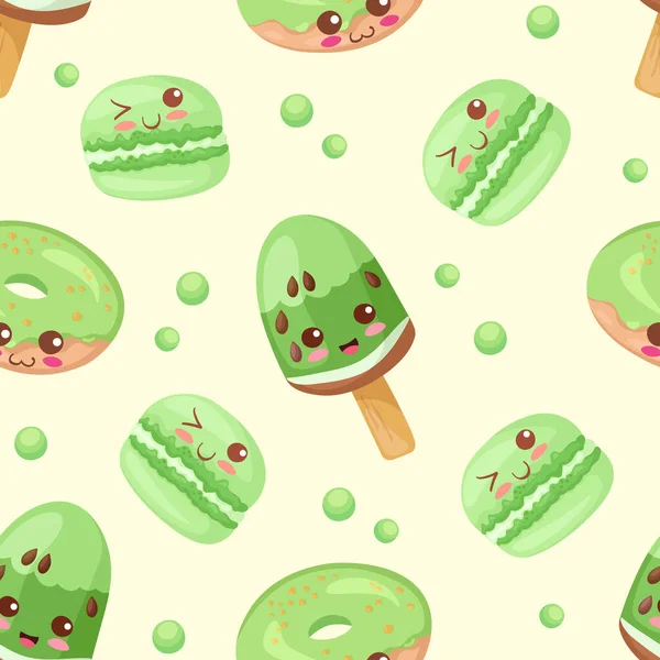 Kawaii Green Kiwi Ice Cream Macarrón Donut Patrón Sin Costuras — Vector de stock