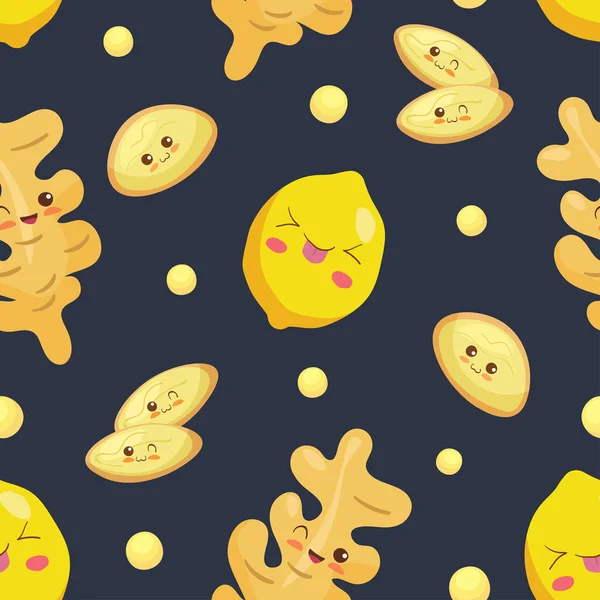 Kawaii Lemon Ginger Sem Costura Padrão Ilustração Vetorial Bonito Caracteres — Vetor de Stock