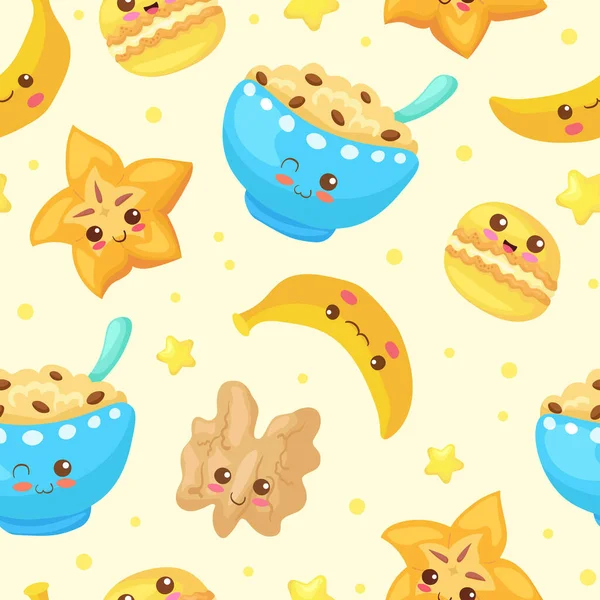 Kawaii Frukost Spannmål Banan Star Fruit Valnöt Macaron Sömlöst Mönster — Stock vektor