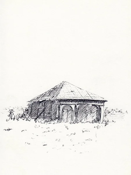 Rysunek Starych Ruin Domów Europie Wschodniej Zabytkowy Tusz Papierowej Ilustracji — Zdjęcie stockowe
