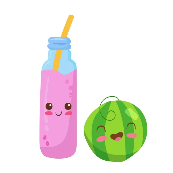 Smoothie Φρούτων Γυάλινο Μπουκάλι Άχυρο Φυσαλίδες Vector Kawaii Ποτό Εικονογράφηση — Διανυσματικό Αρχείο