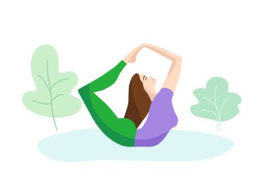 Parkta yoga yapan güzel bir kız. Dhanurasana 'da karın bölgesinde yay şeklinde bir kız. Kadın yoga afişi konsepti. Kadın fitness, meditasyon ve aktivite illüstrasyonunu yeniden oluşturma.
