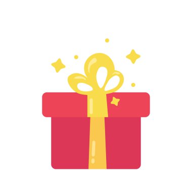 Mutluluk hediye kutusunda mevcut. Doğum günü, Noel, yeni yıl, yıldönümü kutlaması. Düz çizgi film tasarım elemanı. Beyaz arka planda sarı yay içeren sürpriz kırmızı kutu..