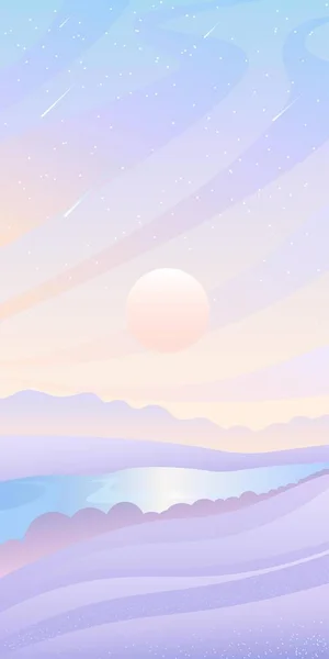 日の出や日没の空と光の色雪の冬の風景 モバイル画面用の垂直壁紙 穏やかな瞑想テクスチャコンセプト セレニティベクトルイラスト背景 — ストックベクタ