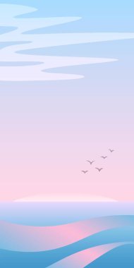 Gün doğumu ya da günbatımı gökyüzü olan açık renk deniz ya da okyanus manzarası. Dikey vektör duvar kağıdı. Hoş sakin meditasyon dokusu konsepti. Huzur vektör illüstrasyon arka planı. Şafakta doğa.