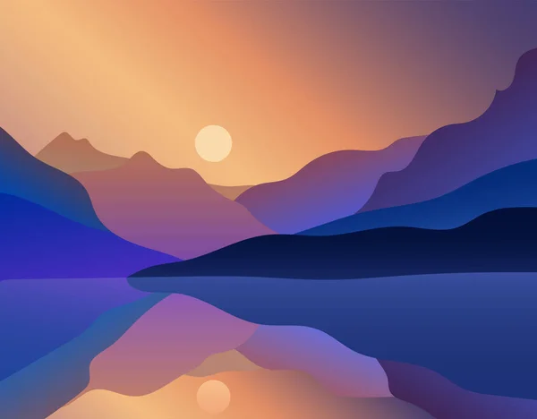 山のピークと反射して日の出と紫のグラデーションの空と平らな風景 休暇と屋外バナー レクリエーションと瞑想のシースケープコンセプト セレニティベクトルイラスト背景 — ストックベクタ