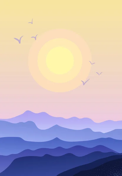 日の出 日没時に山のピークとピンクのグラデーションの空と平らな風景 休暇と屋外バナー レクリエーションと瞑想テクスチャコンセプト セレニティベクトルイラスト背景 — ストックベクタ