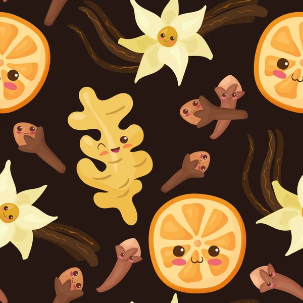 Sömlöst Mönster Med Kryddor Mörk Bakgrund Söt Vektor Illustration Apelsin — Stock vektor