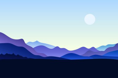 Geceleri Mountain Peaks ve Moon 'un olduğu manzara. Tatil ve Açık Doku. Huzur Verme ve Meditasyon Konsepti. Vektör illüstrasyon arka planı. Huzurlu sakin doğa geçmişi.