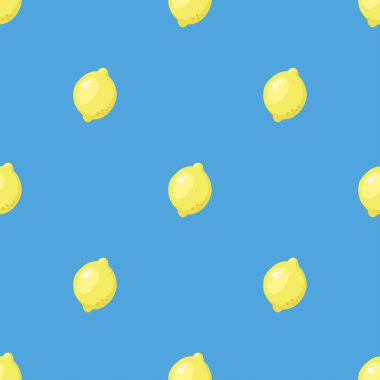 Parlak sarı limonlu kusursuz vektör deseni. Çizgi filmdeki eller mavi arka planda turunçgiller çiziyordu. Kumaş baskı, kart, menü, yemek paketi, smoothie için karalama minimalist illüstrasyon.