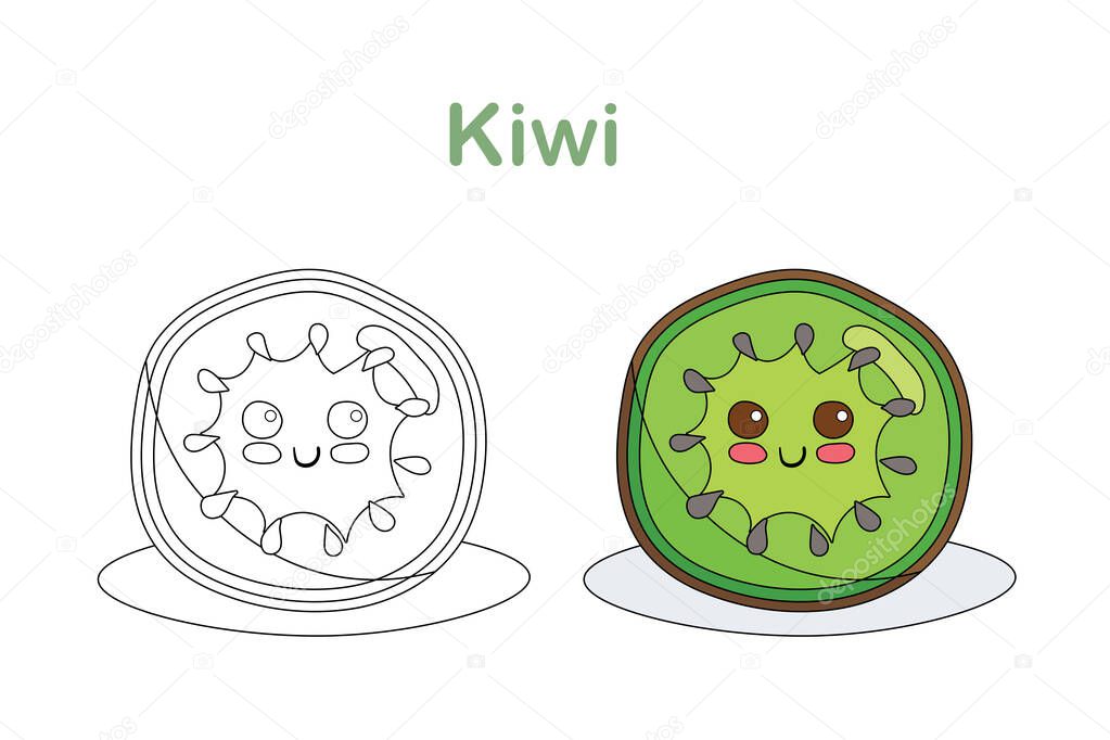 Kawaii Coloring Page for Children, Adults. Printable coloring sheets with cartoon food character. Kids Indoor activity. Bright green kiwi isolated on white background. Comic funny summer food emoji.