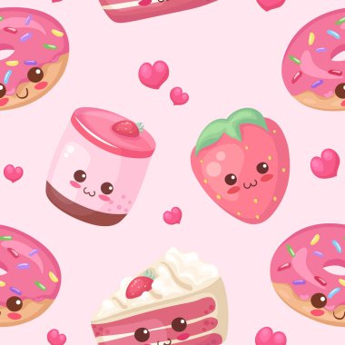 Strawberry cake, berry & donut cartoon characters. Vector kawaii sweet food illustration in cute cartoon style in seamless pattern on light pink colors. Adorable kids menu decoration, poster, print.