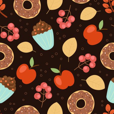 Koyu kahverengi arka planda sonbahar stili soyut, pürüzsüz vektör deseni. Kumaş baskısı, duvar kâğıdı, ambalaj kağıdı için sıcacık arka plan dokusu. Çörek, kek, yaprak, böğürtlen.