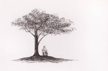 Budist keşişin ağacın altında meditasyon yaptığı mürekkep çizimi. Meditasyon, rahatlama, restore, poster için el çizimi arka plan. Orijinal soyut sanat eseri. Grunge tarzında sakin bir illüstrasyon.