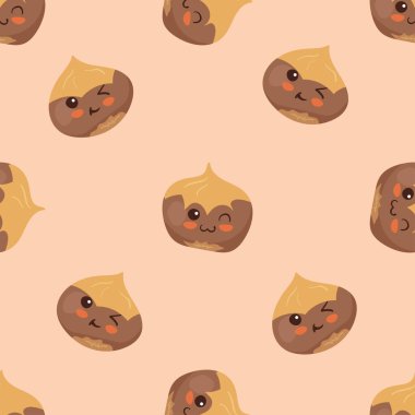 Fındıklı karakterler kusursuz vektör deseni. Açık renkli Kawaii yemek çizimi. Ambalaj kağıdı, kumaş baskısı, fındık sütü paketi, çocuk menüsü için arkaplan dokusu. Sevimli komik çizgi film fındıkları.