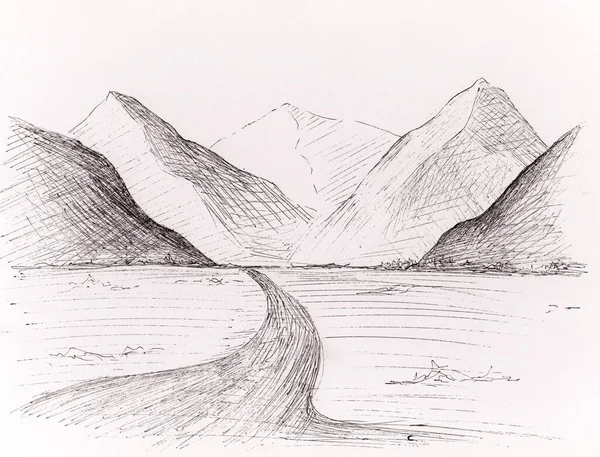 Ink sketch painting of peaceful mountains layers. Calm serene hand drawn oriental landscape with rocks and road. Concept for relax, restore, soothing meditation background. Abstract original art.