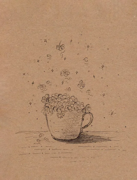 Illustration Fond Dessinée Main Avec Des Fleurs Tasse Oeuvre Originale — Photo