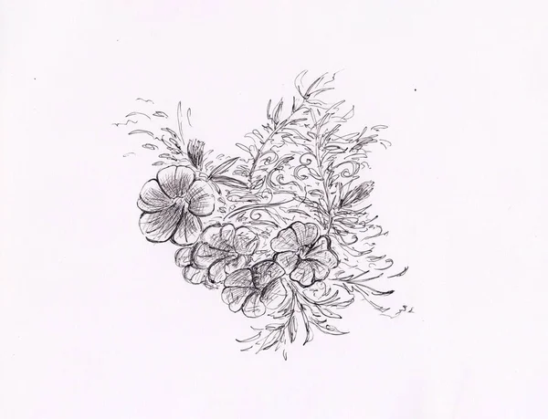 Ink Drawing Flowers Leaves Peaceful Serene Hand Drawn Landscape Plants — Stock Photo, Image