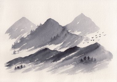 Asian mountains with pine trees watercolor painting. Hand drawn sketch oriental with layers of rocks. Concept for relaxation, meditation background. Original artwork. Peaceful nature illustration.