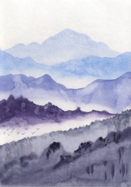 Asian mountains watercolor painting. Hand drawn oriental peaceful landscape illustration with layers of blue rocks. Concept for decoration, relaxation, restore meditation background. Vertical artwork.