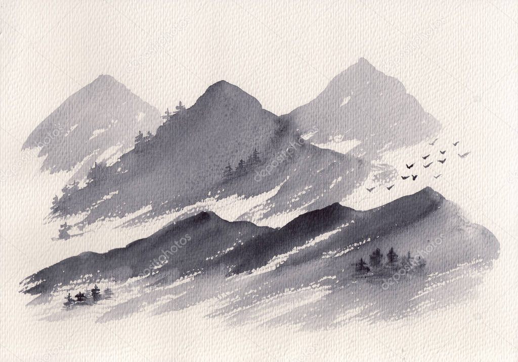 Asian mountains with pine trees watercolor painting. Hand drawn sketch oriental with layers of rocks. Concept for relaxation, meditation background. Original artwork. Peaceful nature illustration.