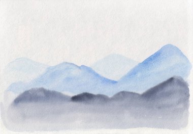 Watercolor landscape of blue vibrant mountain. Peaceful serene hand drawn nature background for relaxation , meditation, restoration. Use for print, card, design element. Original artwork on paper.