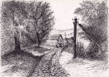 Belarus 'un sakin kırsal kesiminde elle çizilmiş mürekkep çizimi. Huzur konsepti. Huzurlu bir tablo. Ağaçlar, yollar, eski evler ve arabalarla sakin bir köy manzarası. Arkaplan için orijinal sanat çalışması.