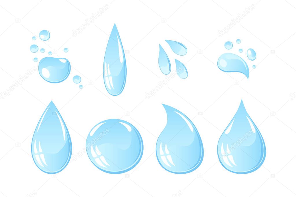 Light colors water drops illustration. Blue shiny liquid set isolated on white background. Puddle, drinking water, card, print, Thai water festival decoration elements. Cute cartoon splashes set.