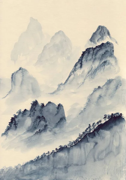 蓝色亚洲山脉的水彩画 手工绘制的东方和平景观与多层岩石 概念的装饰 宁静的冥想背景 纸上的垂直艺术品 — 图库照片