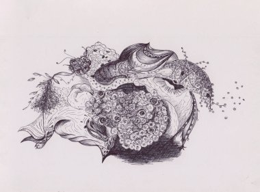 Fevkalade çiçek çalılarının mürekkep çizimi. Kağıt üzerinde orijinal sanat eseri. Sevimli barışçıl soyut doğa manzarası. Dövme, kartpostal, kitap illüstrasyonu. Sürrealist doğal arkaplan.