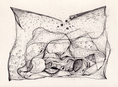 El çizimi, soyut bitkiler, çiçekler ve düşen kayalar. Koruma, dinginlik, sakin akıl, akıl sağlığı konsepti. Kart, kumaş baskısı, poster için tek renkli mürekkep çizimi. Doğa sanatı.