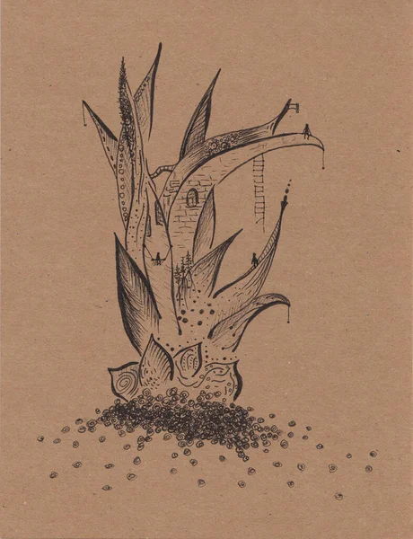 Monochrome Inkt Pen Schets Tekening Met Plantenhuis Surrealistisch Origineel Artwork — Stockfoto