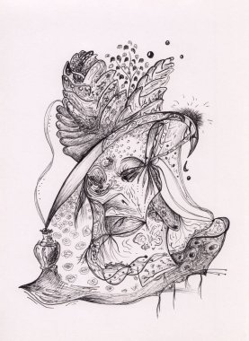 Şapkalı, soyut mürekkepli el çizimi kadın. Kağıt üzerinde sürrealist siyah beyaz çizim. Çiçekleri ve bitkileri olan zarif bir kadın silueti. Kartpostal, baskı ve poster için orijinal çizimler.