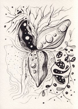 Fantastik yapraklarla çizilmiş soyut siyah mürekkepli el resmi. Sürrealist bitki çizimi. Kağıt üzerinde orijinal sanat eseri. Kart, baskı ve poster için huzurlu bir dikey arka plan. Hayali sanat.