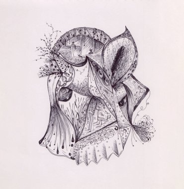 Çiçekli ve tüylü soyut çizimler. Kart, düğün davetiyesi, kumaş baskısı için gerçeküstü barışçıl bir el çizimi. Fantastik mürekkep kalem monokrom doğa manzarası.