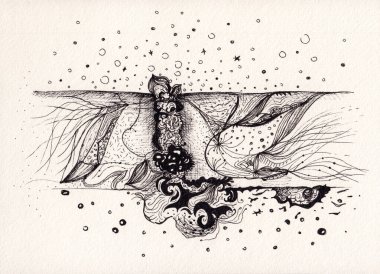 Doğa şekilli soyut mürekkep çizimi. Sürrealist bitki çizimi. Kağıt üzerinde orijinal sanat eseri. Kart ve baskı için huzurlu fantastik manzara. Hayali siyah beyaz arkaplan.