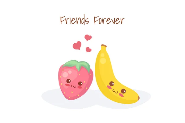Cute Banana Strawberry Funny Cartoon Characters Isolated White Background Kawaii — Stock Vector