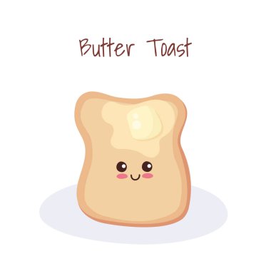 Beyaz arka planda izole edilmiş sevimli yemek karakteri. Tereyağlı vektör illüstrasyonlu tost. Gülümseyen Kawaii yemek emojisi kutlu olsun. Menü dekorasyonu, kumaş baskısı, tebrik kartı tasarımı unsurları. El çizimi sanat.