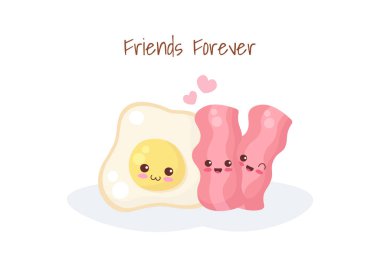 Yağda yumurta ve pastırmalı kawaii karakterleri beyaz arka planda el yazısı çizilmiş. Güzel karikatür kahvaltı konsepti. Komik gülümseyen yemek vektörü çizimi. Sevimli çocuklar için menü dekorasyonu, kumaş baskısı