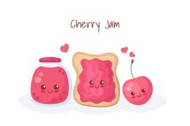 Tatlı tost, tatlı vişneli reçel kavanozu, gülümseyen kawaii meyvesi. Beyaz arka planda izole edilmiş vektör çizgi film besin çizimi. Kahvaltıda vişneli tost, çocuk menüsü, kumaş baskısı, tebrik kartı..