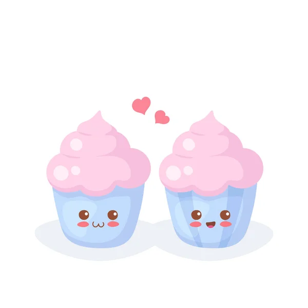 Kawaii Cartoon Cupcakes Met Kersen Aardbeien Smaak Slagroom Geïsoleerd Witte — Stockvector