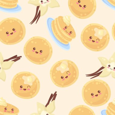 Tatlı arka plan krep ve vanilya çiçeğiyle tekrarlanıyor. Pancake Haftası dekorasyonu, kumaş baskısı, kart için kusursuz desen. Kawaii besin vektör çizimi açık renklerde. Mutlu gülümseyen krepler.